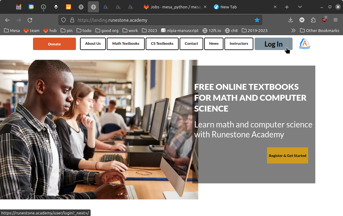 Runestone home page with login button at top of the page