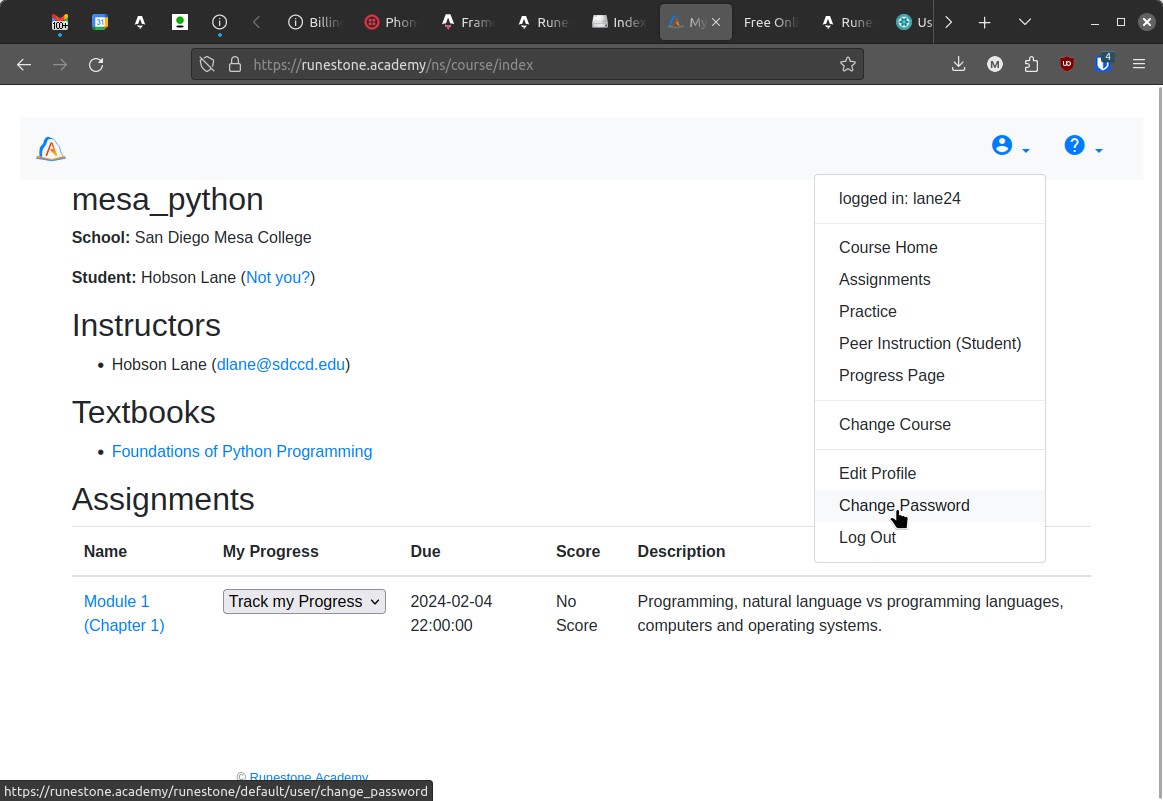 Menu showing change password, assignments, and other pages.
