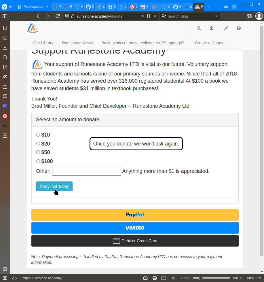 Runestone donation page suggests $10, $20, ... donations by PyPal, Venmo, or Card